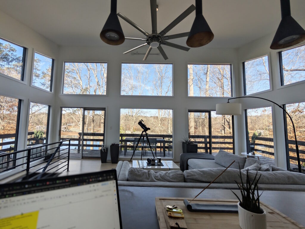 Remote work setup with panoramic lake views at Hyco Lake